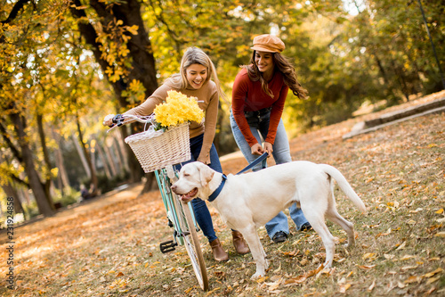 Two female friends walking in the autumn park with dog and bicycle