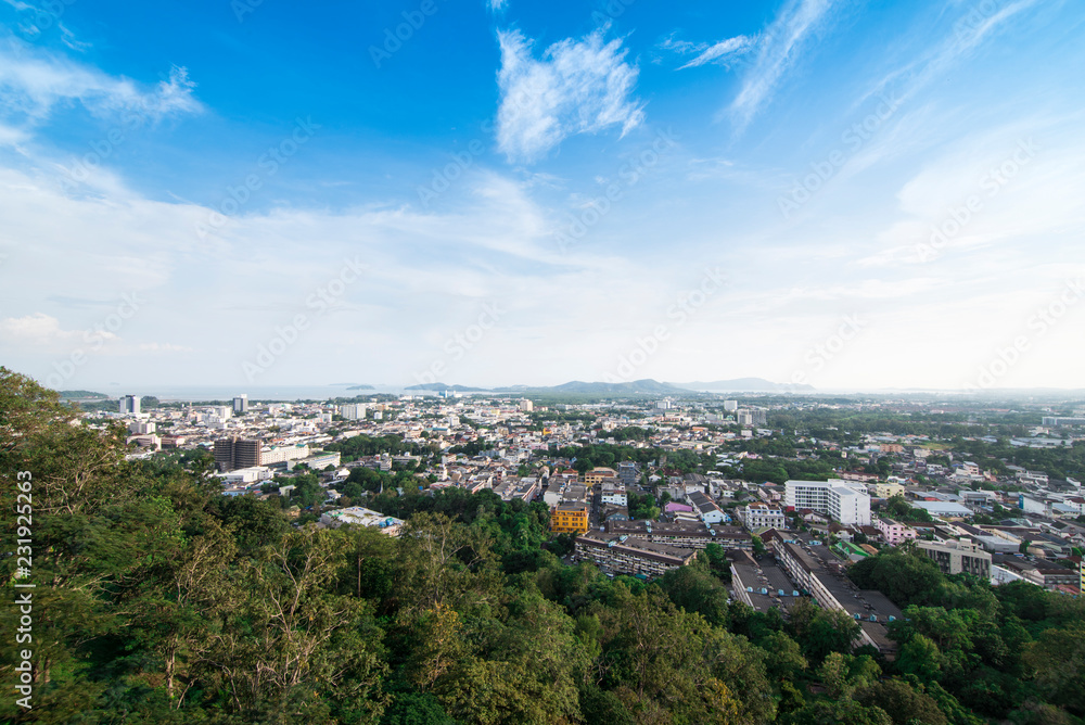 View of Phuket city with blue sky from Rang hill,Phuket city view point,Thailand