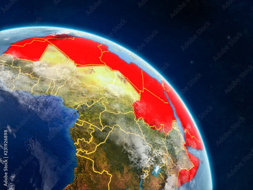 Arab League from space on realistic model of planet Earth with country borders and detailed planet surface and clouds.