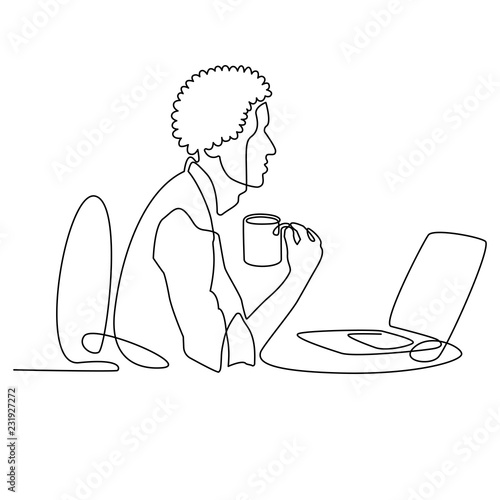 continuous line drawing of black designer or manager working behind computer with a cup of coffee, businessman character with afro haircut cartoon vector
