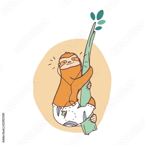 Cheerful sloth crawling up tree branch and listening to music. Smiling wild e...