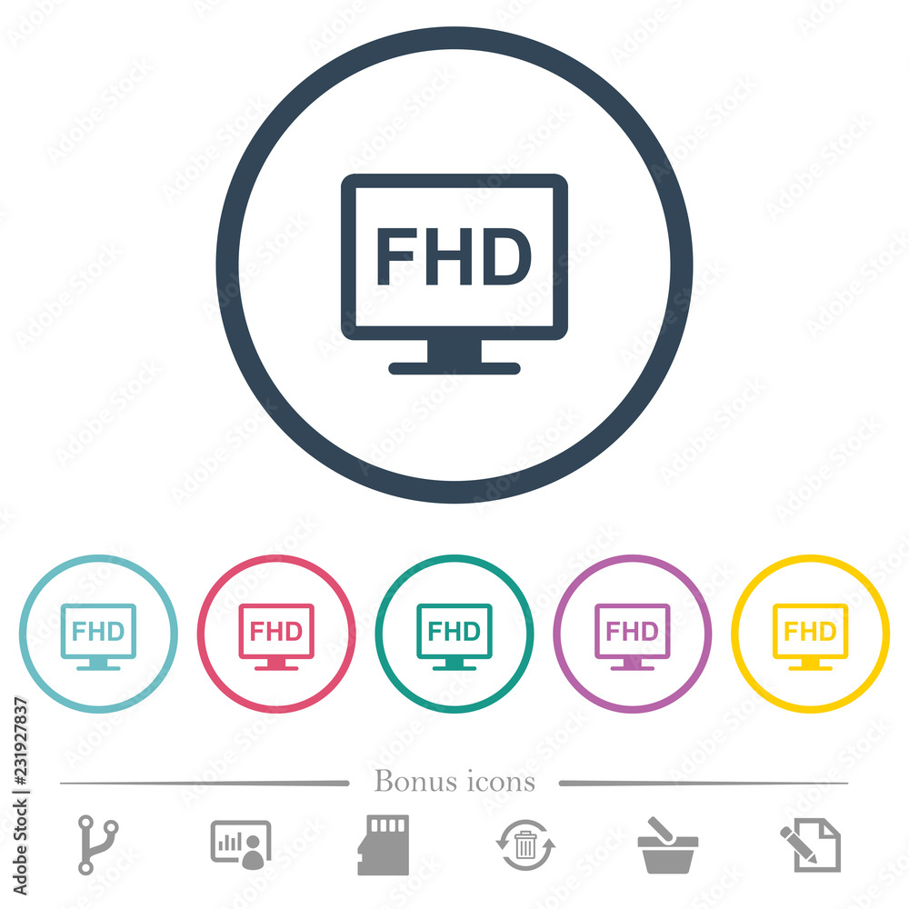 Full HD display flat color icons in round outlines Full HD display flat color icons in round outlines