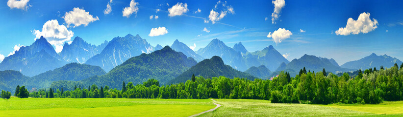Poster Bergen Zomerpanorama van groene bergtoppen  © denis_333