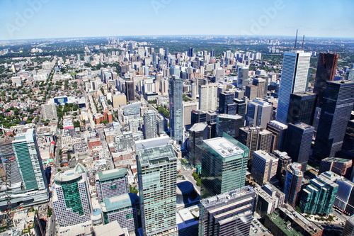 Aerial view of Toronto's downtown financial district showing skyscraper skyline of corporate business buildings.