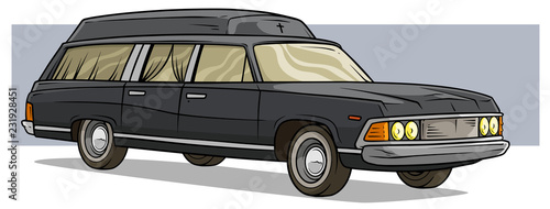 Cartoon black old long classic funeral hearse car