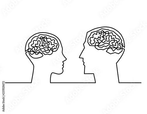 Continuous one line drawing head silhouettes of a couple with a labyrinth inside their heads showing the complexity of the men and women brains and emotions , complex communication Vector illustration