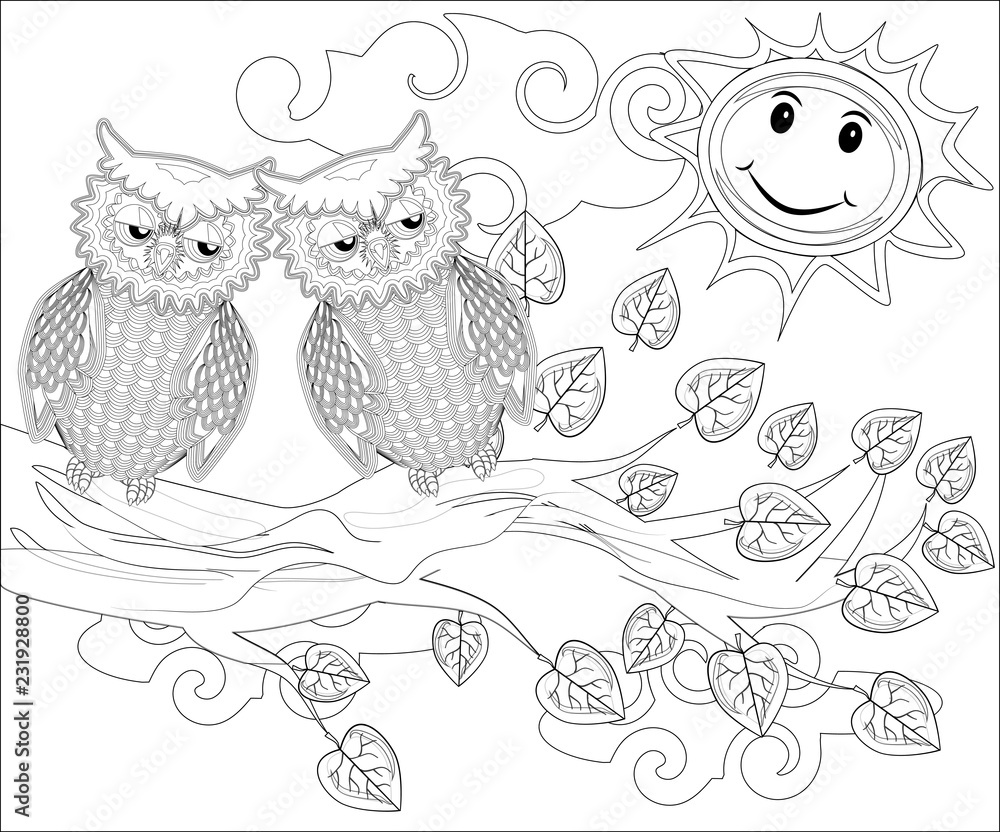 Fototapeta premium Coloring pages. Birds. Cute owl sits on the tree.