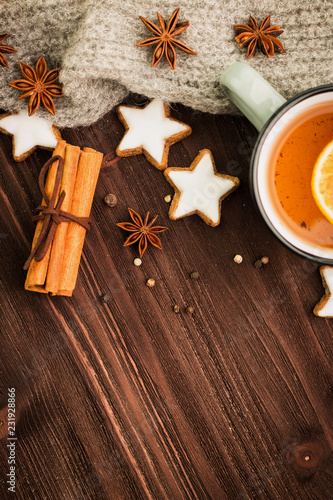 Fototapeta Naklejka Na Ścianę i Meble -  Winter and New Year theme. Christmas tea with spices