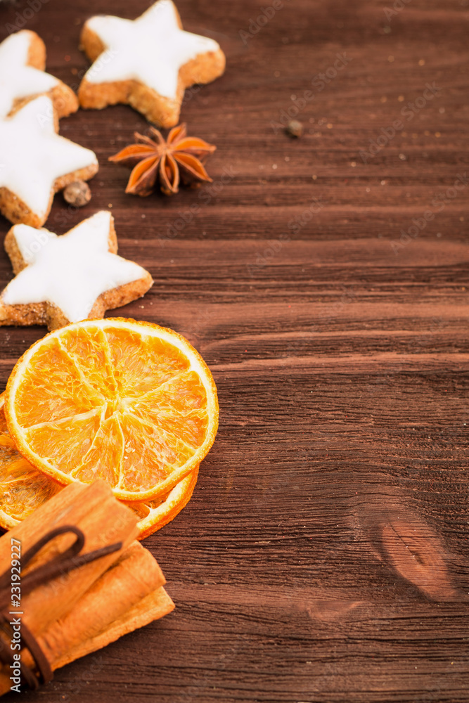 Fototapeta premium Winter and New Year theme. Spices, orange, cinnamon, anise