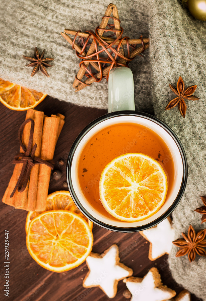 Winter and New Year theme. Christmas tea with spices Winter and New Year theme. Christmas tea with spices