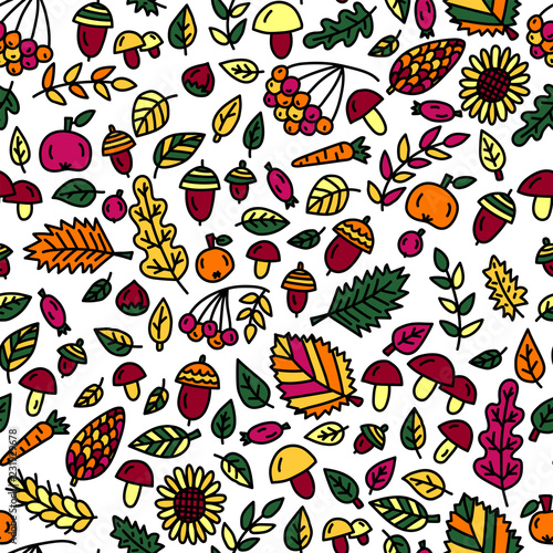 Fototapeta Naklejka Na Ścianę i Meble -  Seamless pattern with autumn forest symbols