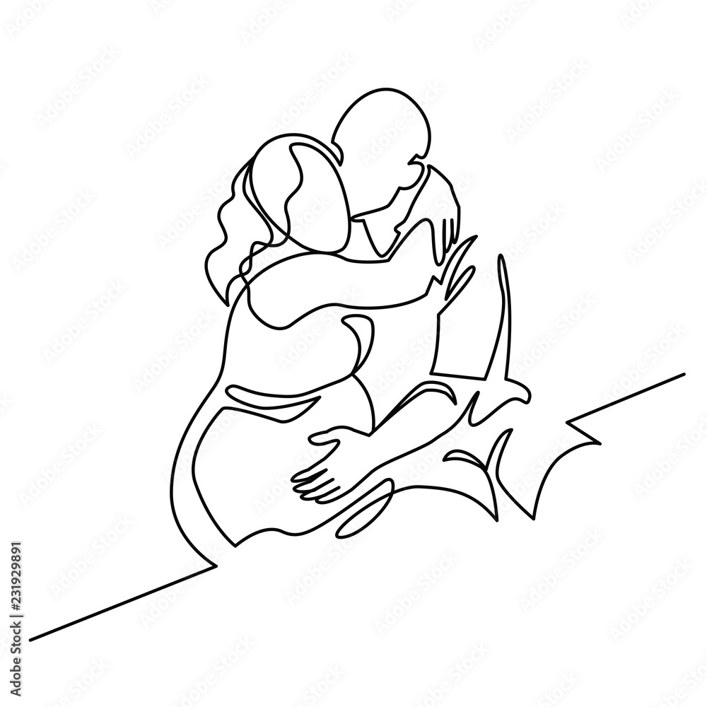 Continuous single drawn one line of enamored conjugal pregnant couple drawn by hand picture silhouette. One line art vector illustration. Character of a pregnant woman with her husband. Continuous single drawn one line of enamored conjugal pregnant couple drawn by hand picture silhouette. One line art vector illustration. Character of a pregnant woman with her husband.