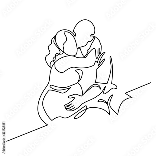 Continuous single drawn one line of enamored conjugal pregnant couple drawn by hand picture silhouette. One line art vector illustration. Character of a pregnant woman with her husband.