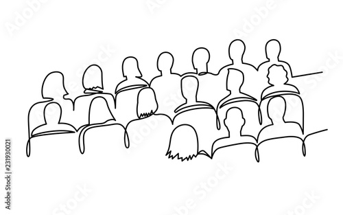 Continuous Line Drawing of Vector illustration character of audience in the conference hall background with blank space for your text and design. Outline, thin line art, hand drawn sketch