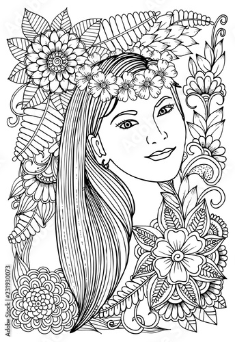 Beautiful woman and flowers. Page for coloring book. Doodles in black and white