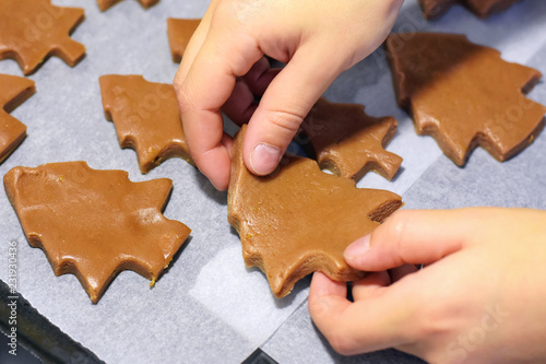 Girl hands putting christmas cookie on parchment paper with row of new year trees pastries