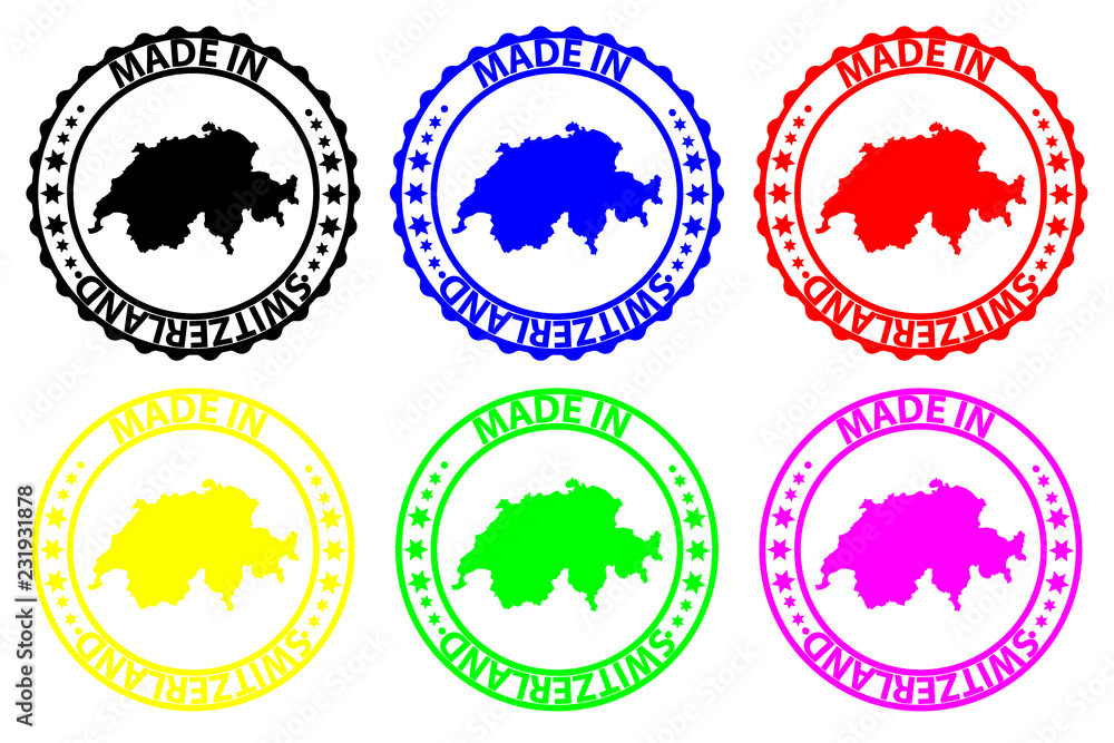 Made in Switzerland - rubber stamp - vector, Switzerland map pattern - black, blue, green, yellow, purple and red Made in Switzerland - rubber stamp - vector, Switzerland map pattern - black, blue, green, yellow, purple and red