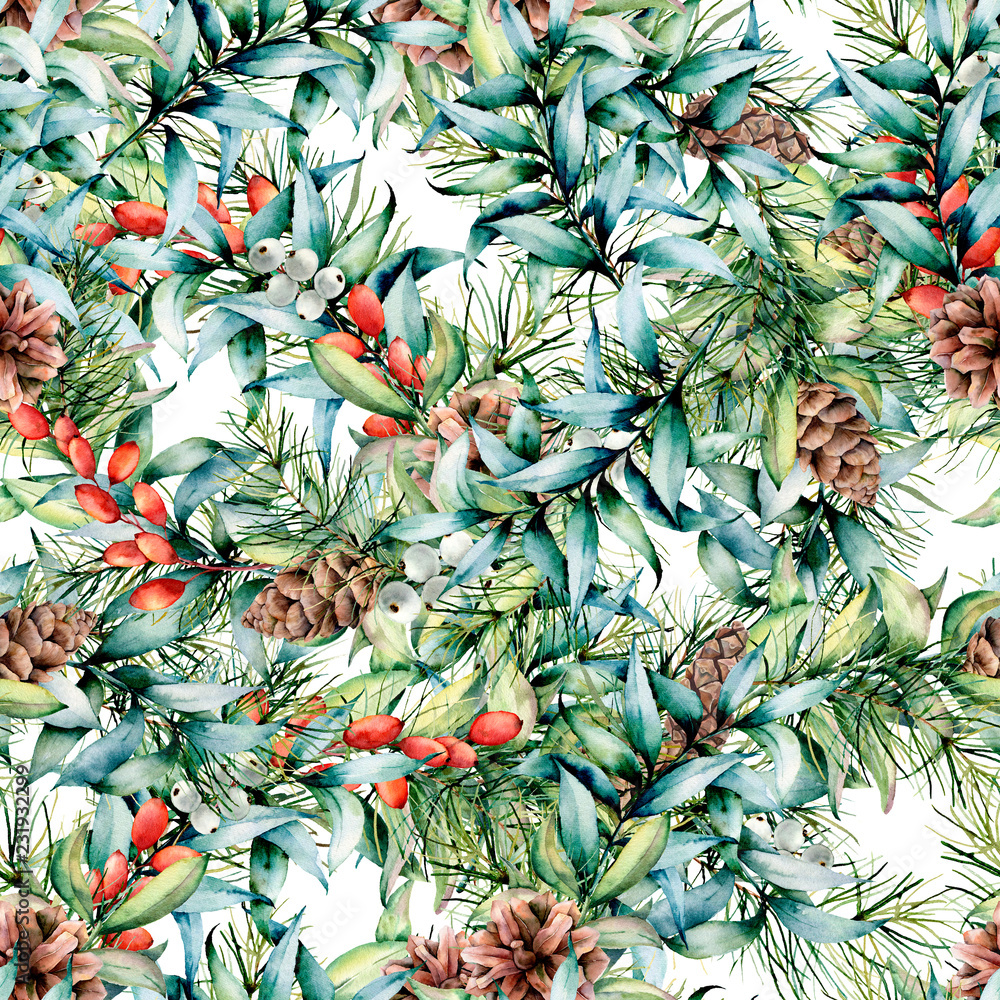 Obraz premium Watercolor Christmas pattern with eucalyptus and berries. Hand painted fir branches with cones, barberries, eucalyptus leaves isolated on white background. Holiday floral illustration for design