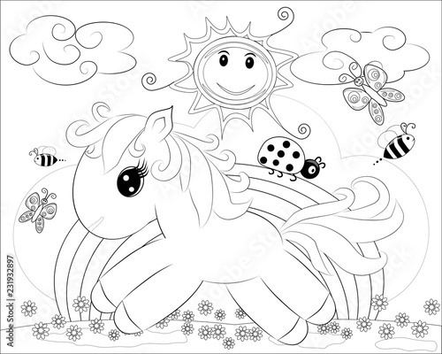 Coloring pages. Little cute pony and rainbow