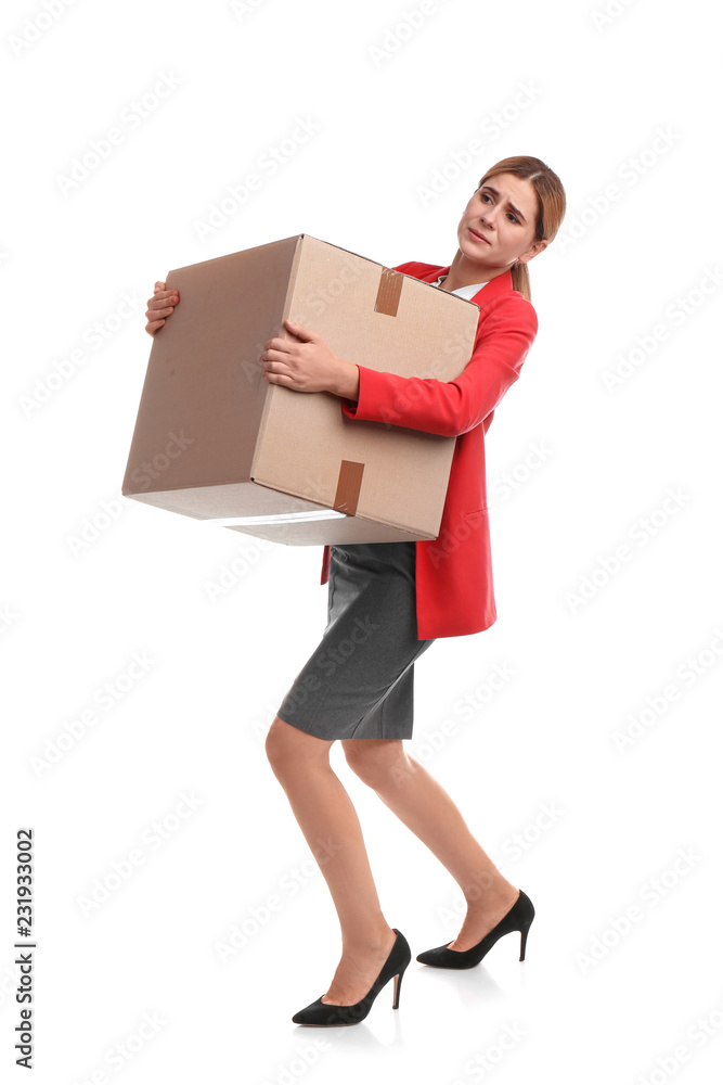 Full length portrait of woman carrying carton box on white background. Posture concept Full length portrait of woman carrying carton box on white background. Posture concept