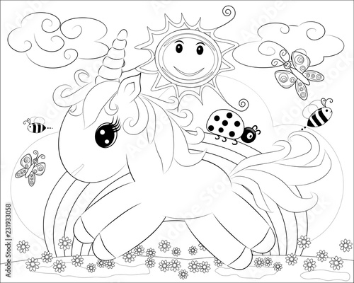 Coloring pages. Little cute pony and rainbow