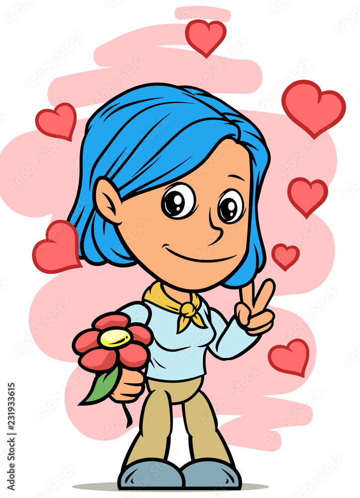Cartoon girl character with red flower and hearts Cartoon girl character with red flower and hearts