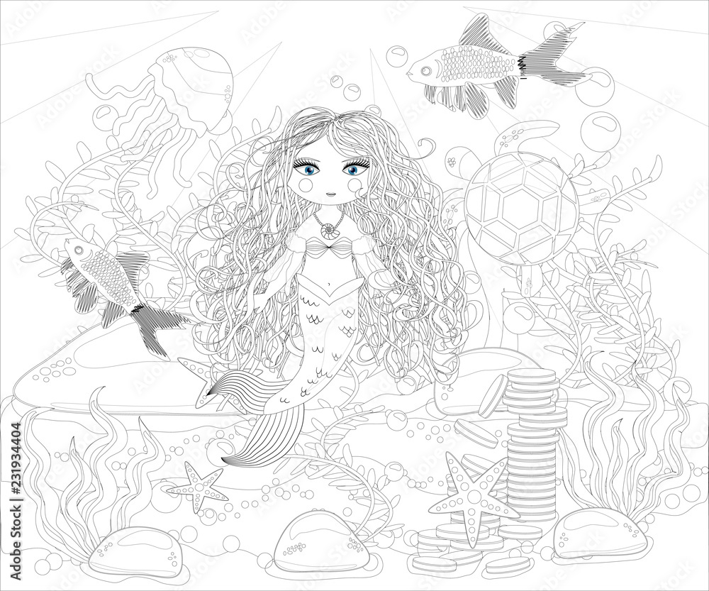 Beautiful mermaid. Underwater world. Anti stress coloring book for