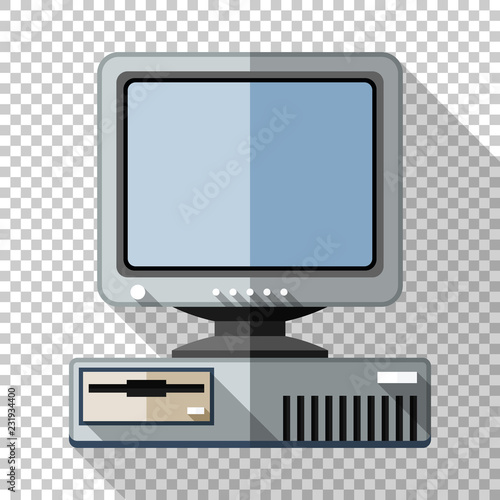 Retro computer with CRT monitor icon in flat style with long shadow on transparent background