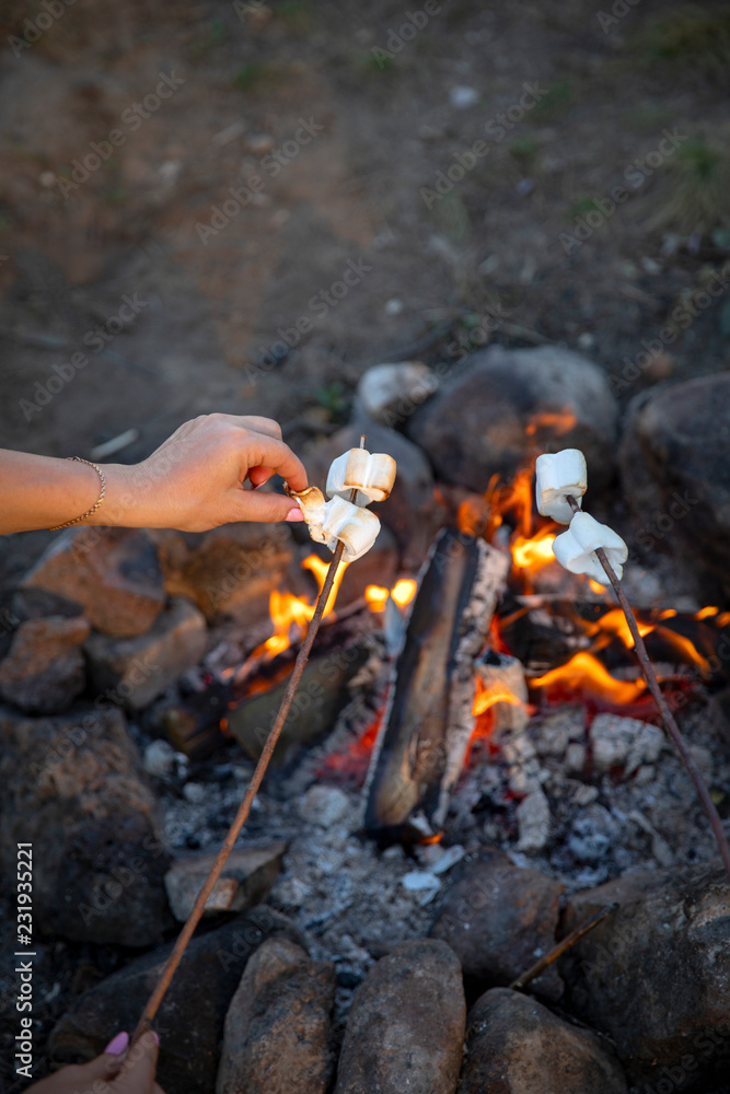Cooking marshmallow on sticks on a fire. Cooking marshmallow on sticks on a fire.