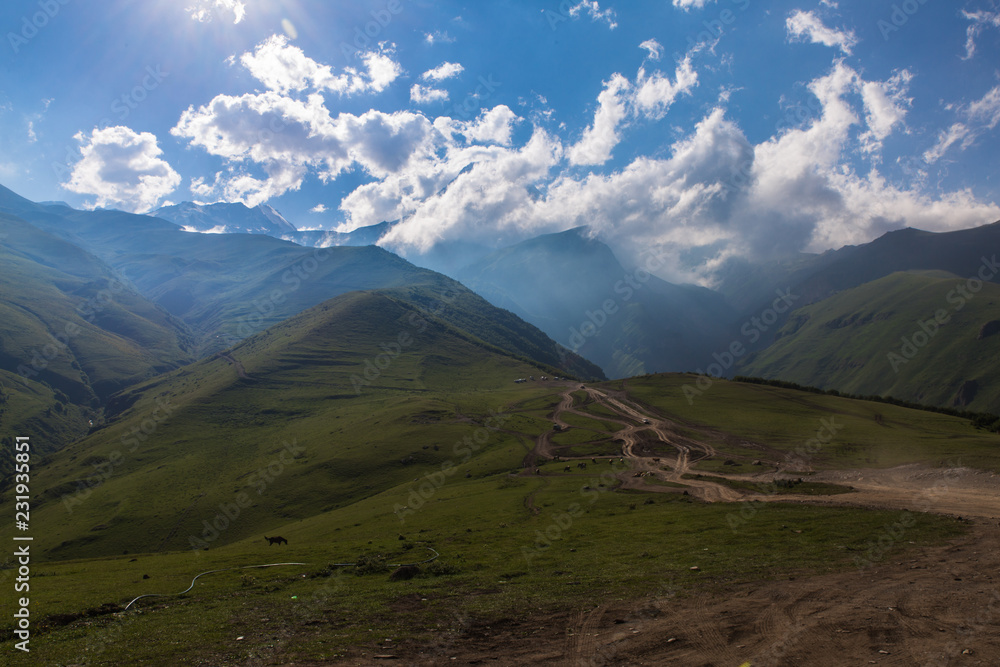 View to mount Kazbek near Stepantsminde village, Georgia in the summer