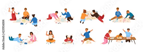 Bundle of kids painting and drawing on paper isolated on white background. Creative hobby for children. Cute boys and girls creating pictures. Colorful vector illustration in flat cartoon style.