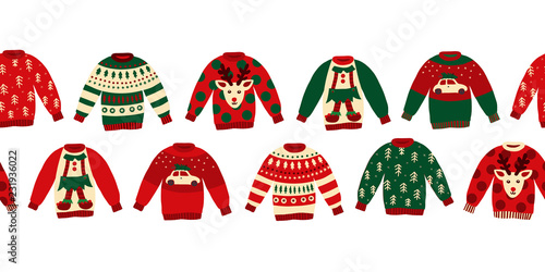 Ugly Christmas sweaters seamless vector border. Knitted winter jumpers with norwegian ornaments and decorations. Holiday design green, red, white for party invitation, banner, greeting cards, posters
