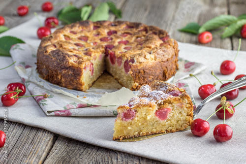 Wallpaper Mural Piece of Czech rounded black cherries bubble cake or souffle on table. Torontodigital.ca