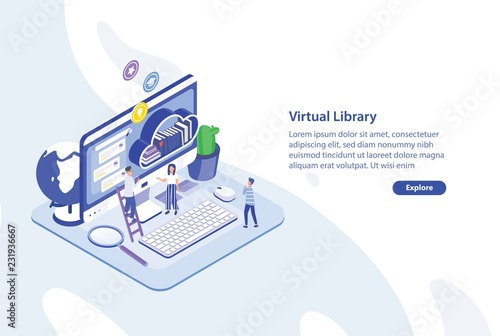 Creative web banner template with tiny people standing in front of giant computer screen and shelf of books. Virtual, electronic or online library service. Colorful isometric vector illustration.