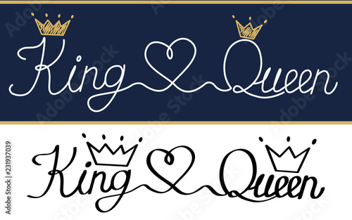 Queen and king. Black text logo royal crown and tiara. Doodle illustration, handwritten isolated on white background. T-shirt, cup, pillow, wedding invitation, canvas poster. Thin thread minimal style
