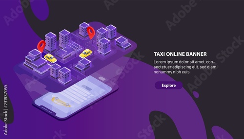 Modern horizontal web banner template with smartphone projecting city map with taxi cars location indication. Isometric vector illustration for mobile application, online cabs booking service.