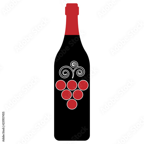 Bottle of red wine. Black bottle of wine with a red neck. Vector illustration bunch of grapes on a bottle. 
