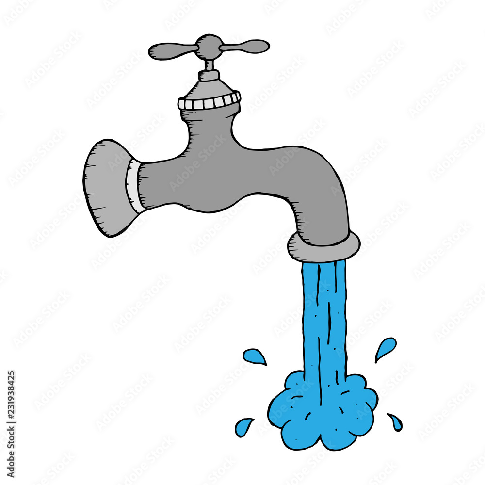 Vettoriale Stock Garden tap with a running water. Hand drawn doodle Water  tap with cold water. Open faucet contour symbol. | Adobe Stock
