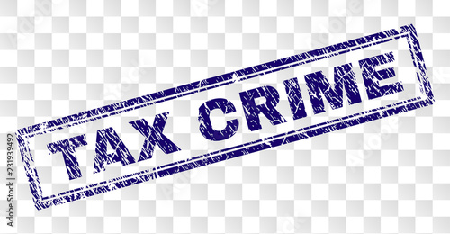 TAX CRIME stamp seal imprint with rubber print style and double framed rectangle shape. Stamp is placed on a transparent background. Blue vector rubber print of TAX CRIME text with dirty texture.