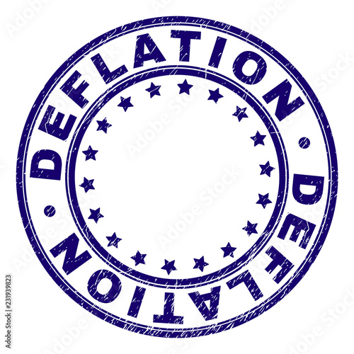 DEFLATION stamp seal imprint with grunge texture. Designed with circles and stars. Blue vector rubber print of DEFLATION title with grunge texture.