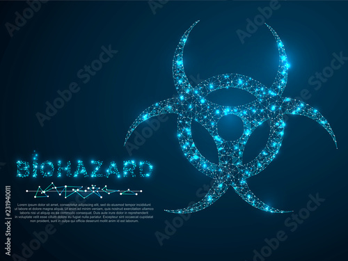Biohazard epidemic symbol. Low poly wireframe illustration style. Vector polygonal image in the form of a starry sky or space, consisting of points, lines, and shapes in the form of stars