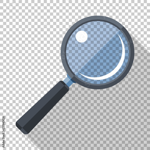 Magnifying glass icon in flat style with long shadow on transparent background