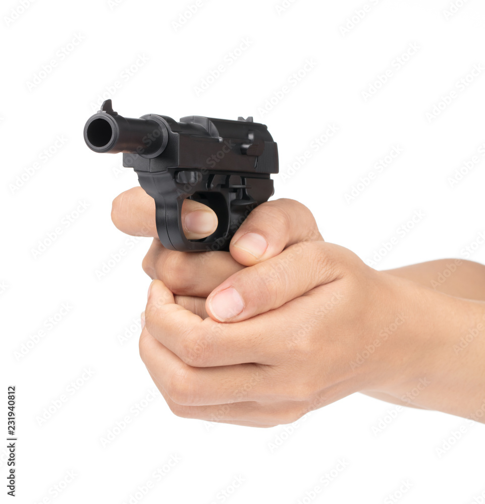 hand holding gun with two hands isolated on white background Stock