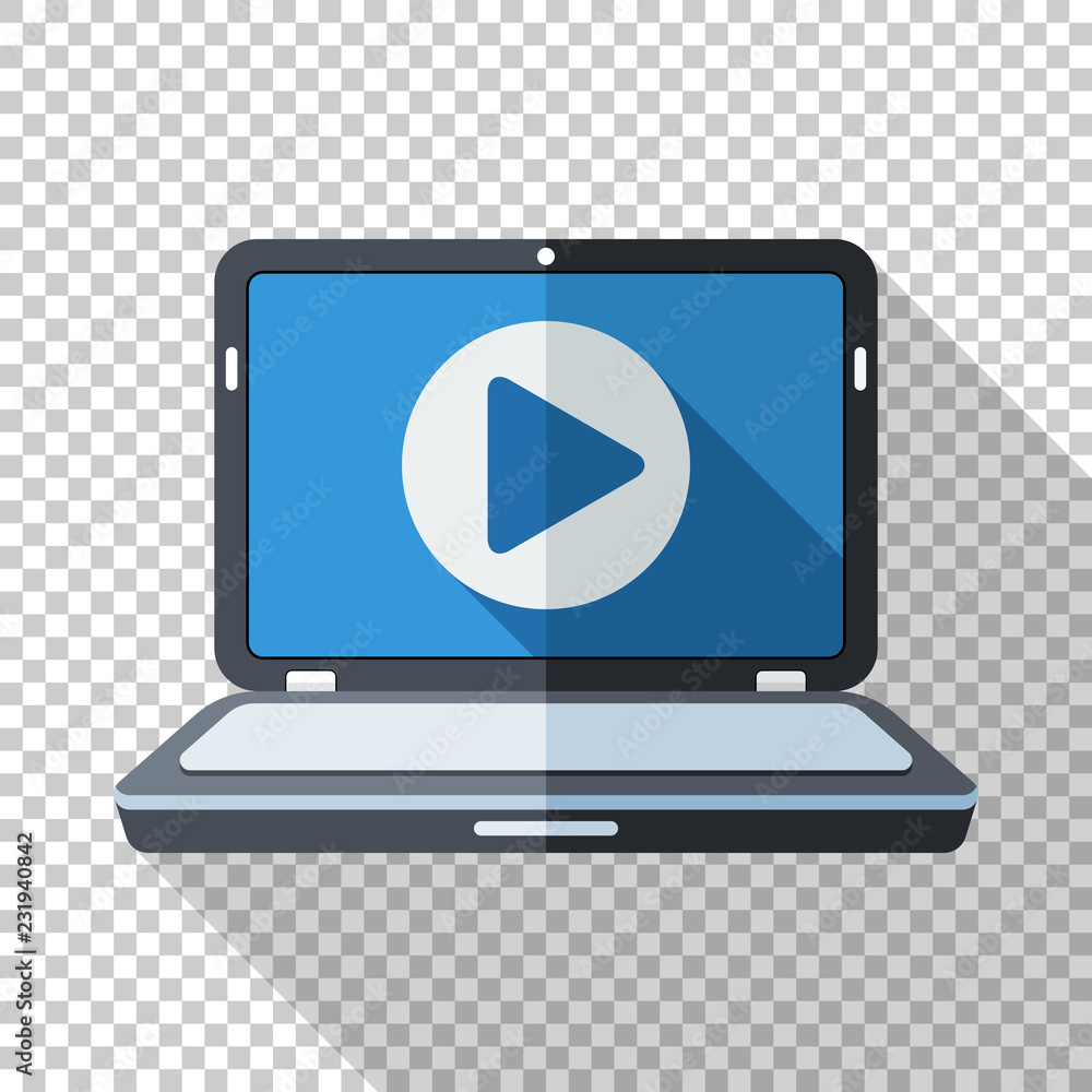 Laptop icon with play button on the screen in flat style and long shadow on transparent background Laptop icon with play button on the screen in flat style and long shadow on transparent background