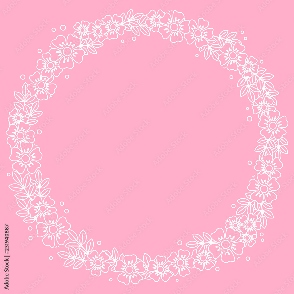 Decorative frame of white outline flowers and leaves in form of circle on pink background for decoration, invitation or wedding, valentines day, valentine,lettering, text, advertising, flower shop Decorative frame of white outline flowers and leaves in form of circle on pink background for decoration, invitation or wedding, valentines day, valentine,lettering, text, advertising, flower shop