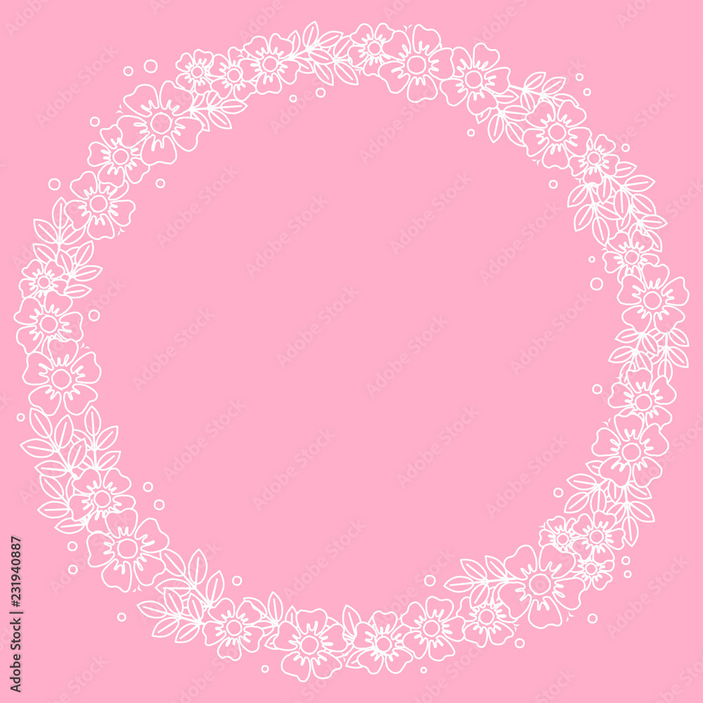 Decorative frame of white outline flowers and leaves in form of circle on pink background for decoration, invitation or wedding, valentines day, valentine,lettering, text, advertising, flower shop