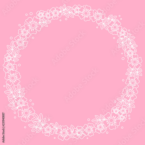 Decorative frame of white outline flowers and leaves in form of circle on pink background for decoration, invitation or wedding, valentines day, valentine,lettering, text, advertising, flower shop © Rezida