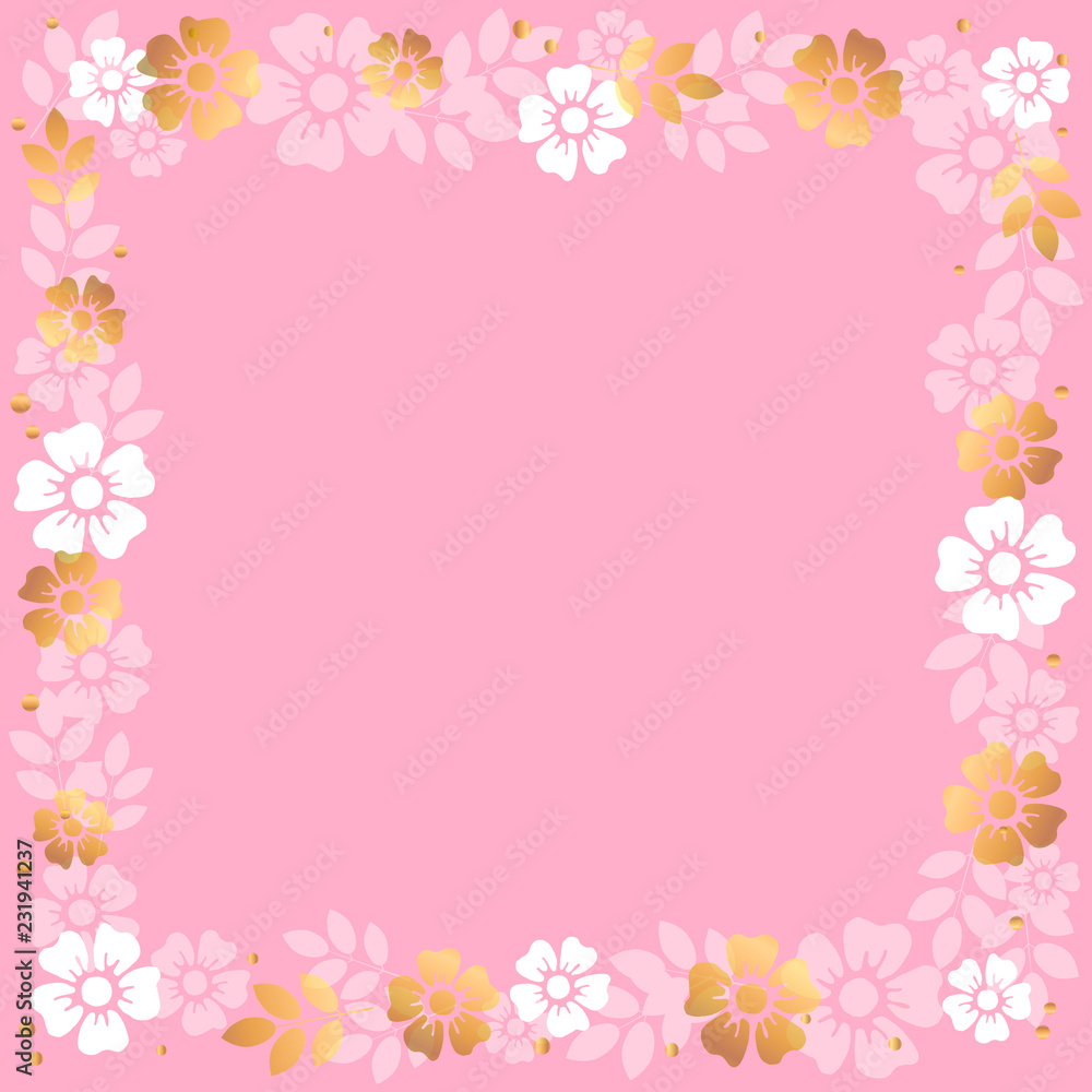 Decorative square frame of white and golden flowers and leaves on pink background for decoration, invitation or wedding, poster, valentines day, valentine, lettering or text, advertising, flower shop