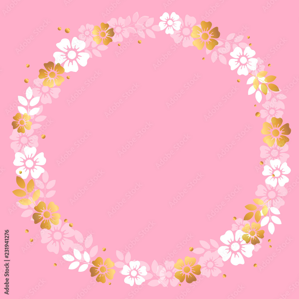 Decorative frame of white and golden flowers and leaves in form of circle on pink background for decoration, invitation or wedding, valentines day, valentine,lettering, text, advertising, flower shop
