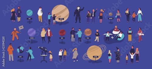 Tiny people visiting planetarium, looking at celestial bodies or space objects, planets of Solar system. Entertainment for kids and adults. Colorful vector illustration in modern flat cartoon style.